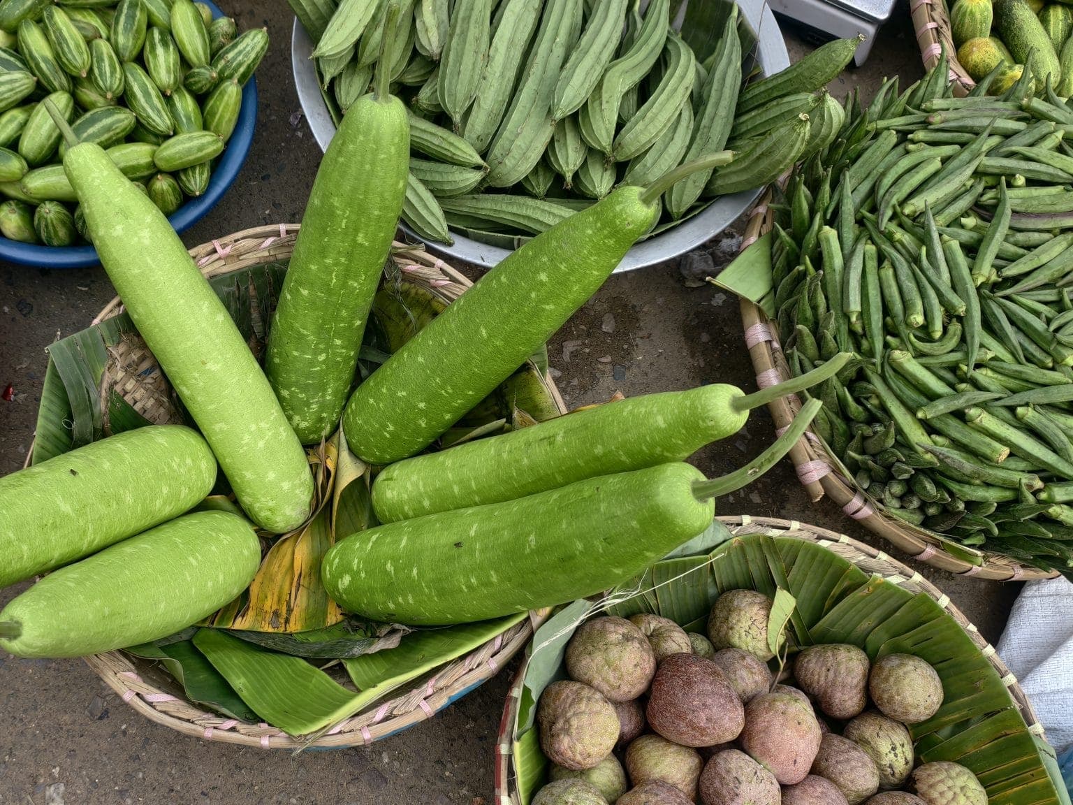 Baskets of fresh bottle gourd and other vegetables at a market stall