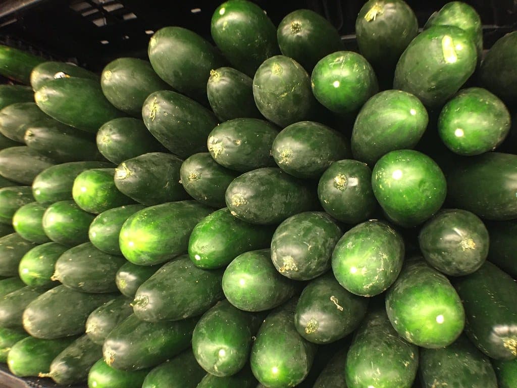 Fresh green cucumbers stacked at a market