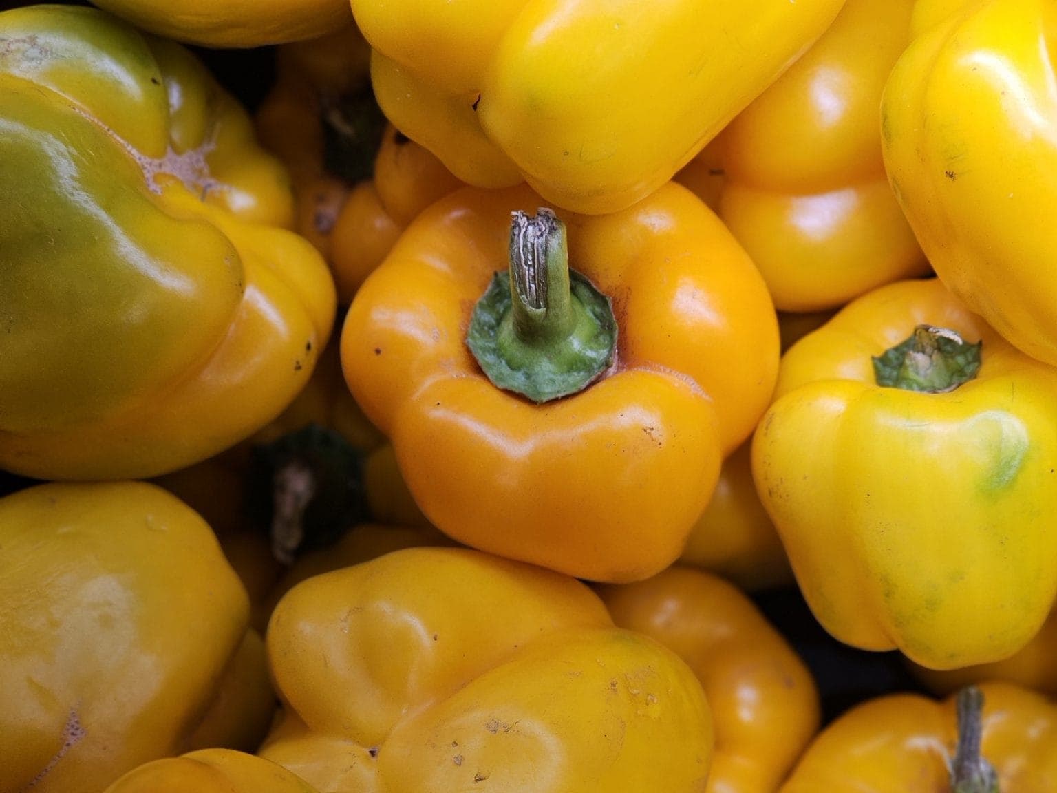Fresh yellow capsicum (bell peppers) stacked together